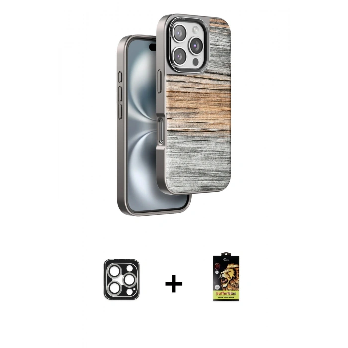 MARSİLYAN™- iPhone 16 Pro Max Kılıf Atlas Minimal Özel Seri - Siyah Buffer Cam Ekran Koruyucu + PVD Metal Kamera Lens - GS