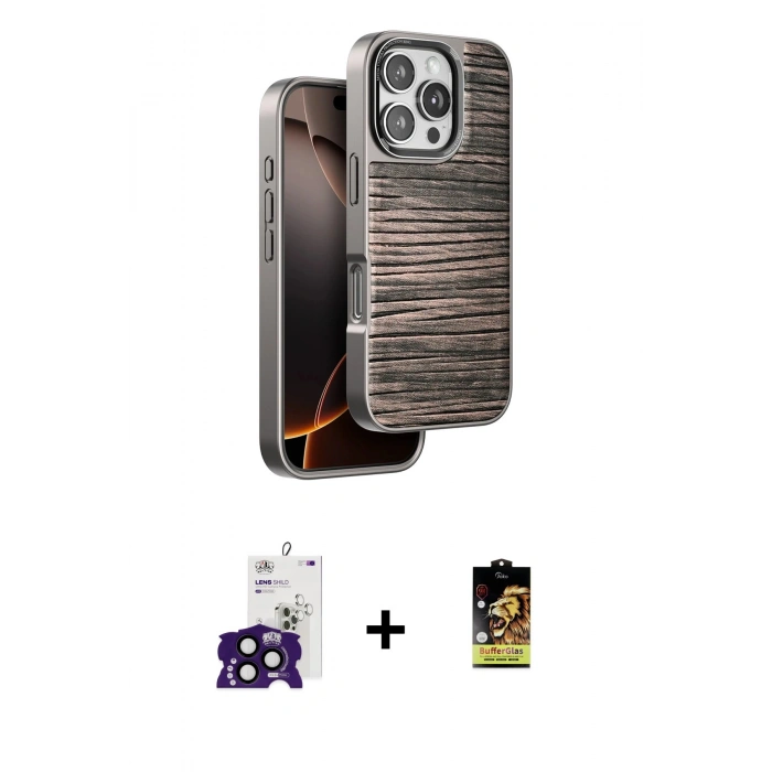 MARSİLYAN™- iPhone 16 Pro Max Kılıf Atlas Minimal Özel Seri - Siyah Buffer Cam Ekran Koruyucu + Bilvis Titan Kamera Lens - SH