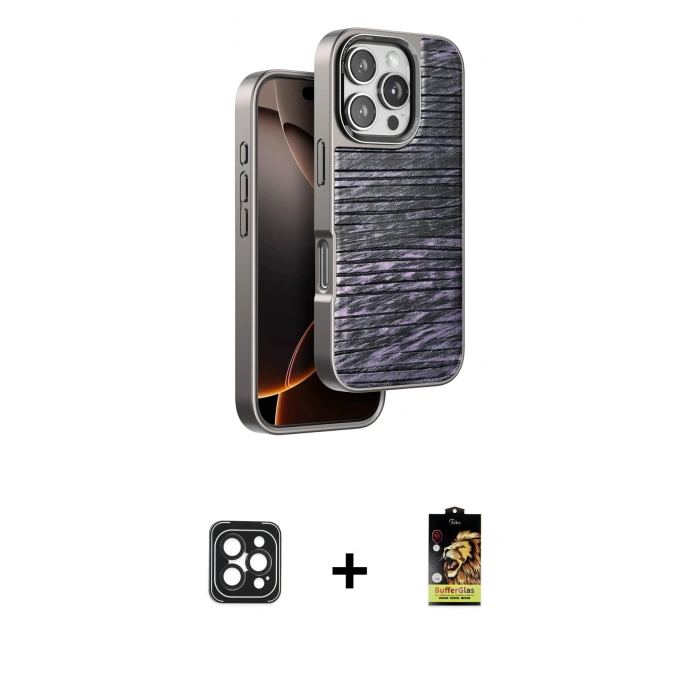 MARSİLYAN™- iPhone 16 Pro Max Kılıf Atlas Minimal Özel Seri - Siyah Buffer Cam Ekran Koruyucu + PVD Metal Kamera Lens - SH