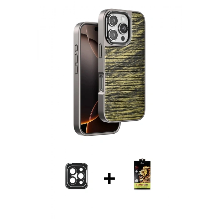 MARSİLYAN™- iPhone 16 Pro Max Kılıf Atlas Minimal Özel Seri - Siyah Buffer Cam Ekran Koruyucu + PVD Metal Kamera Lens - SH