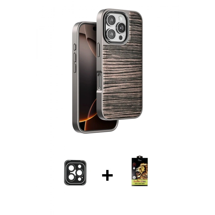 MARSİLYAN™- iPhone 16 Pro Max Kılıf Atlas Minimal Özel Seri - Siyah Buffer Cam Ekran Koruyucu + PVD Metal Kamera Lens - SH