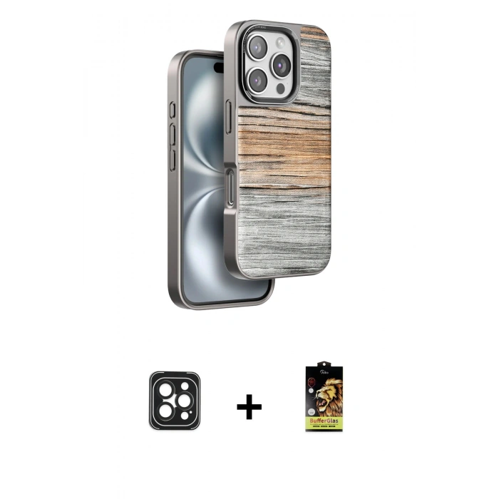 MARSİLYAN™- iPhone 16 Pro Max Kılıf Atlas Minimal Özel Seri - Siyah Buffer Cam Ekran Koruyucu + PVD Metal Kamera Lens - SH