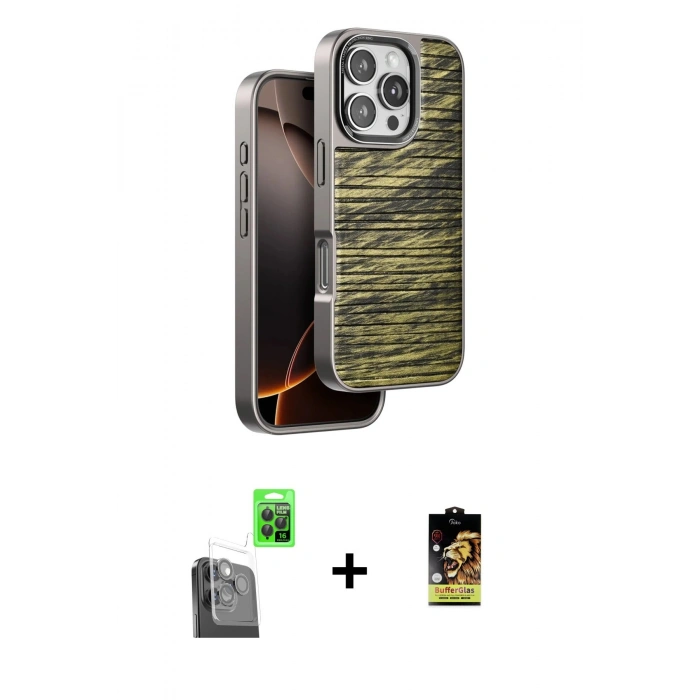 MARSİLYAN™- iPhone 16 Pro Max Kılıf Atlas Minimal Özel Seri - Siyah Buffer Cam Ekran Koruyucu + Siyah Raze Metal Kamera Lens
