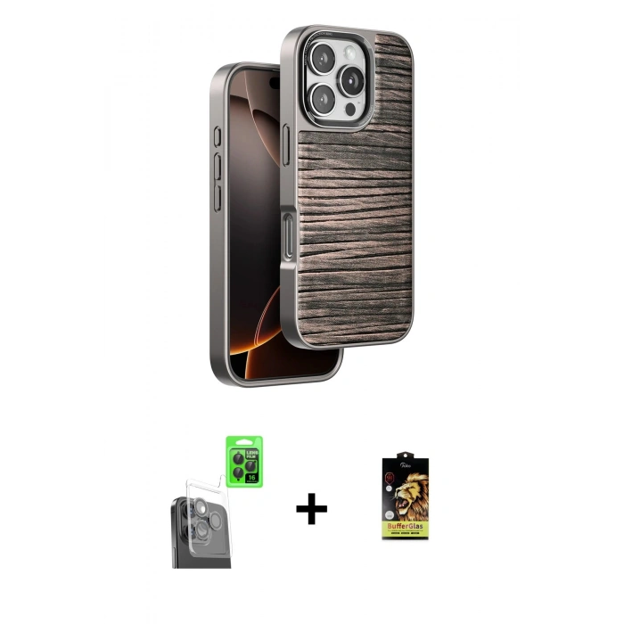 MARSİLYAN™- iPhone 16 Pro Max Kılıf Atlas Minimal Özel Seri - Siyah Buffer Cam Ekran Koruyucu + Siyah Raze Metal Kamera Lens