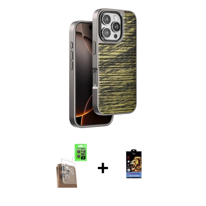 MARSİLYAN™- iPhone 16 Pro Max Kılıf Atlas Minimal Özel Seri - Siyah Buffer Hayalet Cam Ekran Koruyucu + Çöl Titanyum Raze Metal Kamera Lens