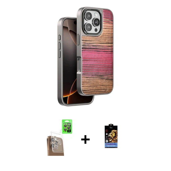 MARSİLYAN™- iPhone 16 Pro Max Kılıf Atlas Minimal Özel Seri - Siyah Buffer Hayalet Cam Ekran Koruyucu + Çöl Titanyum Raze Metal Kamera Lens