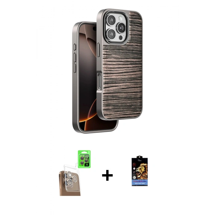MARSİLYAN™- iPhone 16 Pro Max Kılıf Atlas Minimal Özel Seri - Siyah Buffer Hayalet Cam Ekran Koruyucu + Çöl Titanyum Raze Metal Kamera Lens