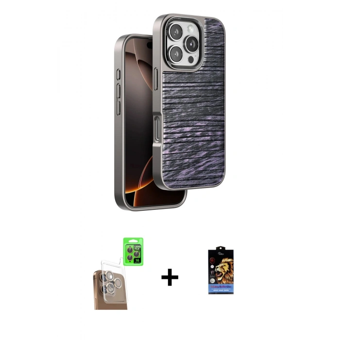 MARSİLYAN™- iPhone 16 Pro Max Kılıf Atlas Minimal Özel Seri - Siyah Buffer Hayalet Cam Ekran Koruyucu + Çöl Titanyum Raze Metal Kamera Lens
