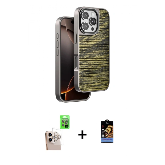 MARSİLYAN™- iPhone 16 Pro Max Kılıf Atlas Minimal Özel Seri - Siyah Buffer Hayalet Cam Ekran Koruyucu + Raze Metal Kamera Lens - NLGY