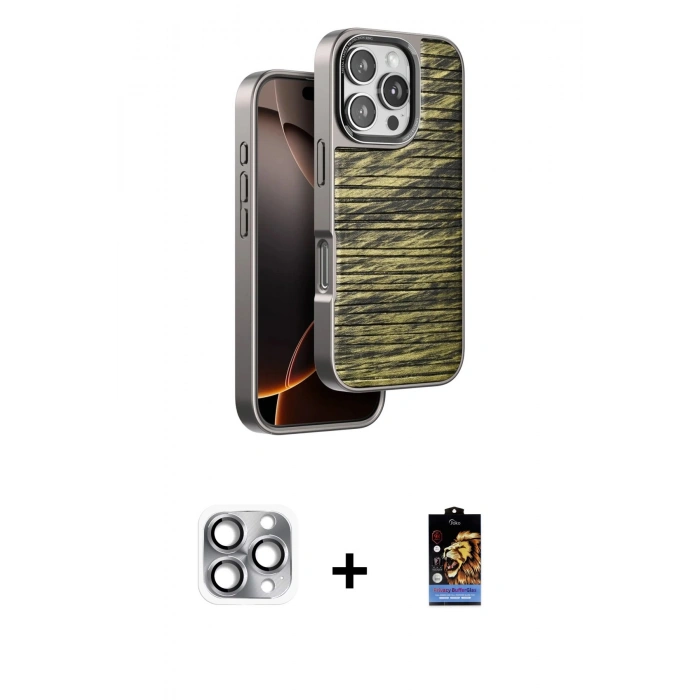 MARSİLYAN™- iPhone 16 Pro Max Kılıf Atlas Minimal Özel Seri - Siyah Buffer Hayalet Cam Ekran Koruyucu + Pers Alüminyum Kamera Lens - GI