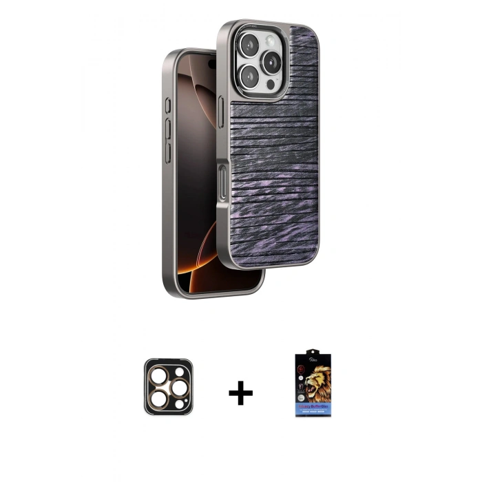 MARSİLYAN™- iPhone 16 Pro Max Kılıf Atlas Minimal Özel Seri - Siyah Buffer Hayalet Cam Ekran Koruyucu + PVD Metal Kamera Lens - GD