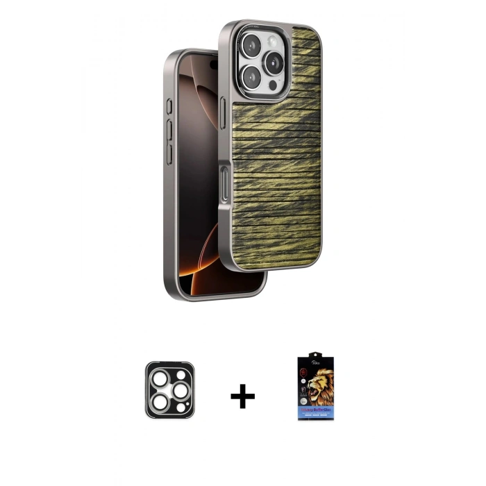 MARSİLYAN™- iPhone 16 Pro Max Kılıf Atlas Minimal Özel Seri - Siyah Buffer Hayalet Cam Ekran Koruyucu + PVD Metal Kamera Lens - GS