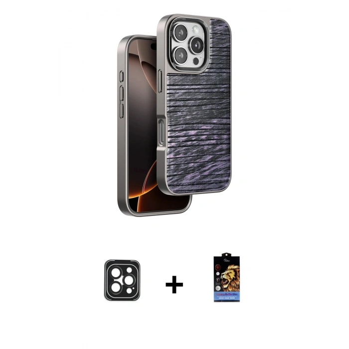 MARSİLYAN™- iPhone 16 Pro Max Kılıf Atlas Minimal Özel Seri - Siyah Buffer Hayalet Cam Ekran Koruyucu + PVD Metal Kamera Lens - SH