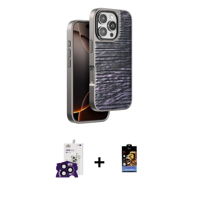 MARSİLYAN™- iPhone 16 Pro Max Kılıf Atlas Minimal Özel Seri - Siyah Buffer Hayalet Cam Ekran Koruyucu + Siyah Bilvis Titan Kamera Lens