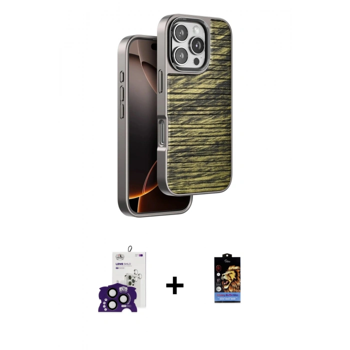 MARSİLYAN™- iPhone 16 Pro Max Kılıf Atlas Minimal Özel Seri - Siyah Buffer Hayalet Cam Ekran Koruyucu + Siyah Bilvis Titan Kamera Lens