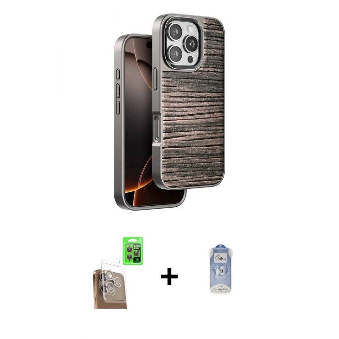 MARSİLYAN™- iPhone 16 Pro Max Kılıf Atlas Minimal Özel Seri - Siyah Joko Magic 5D Cam + Çöl Titanyum Raze Metal Kamera Lens