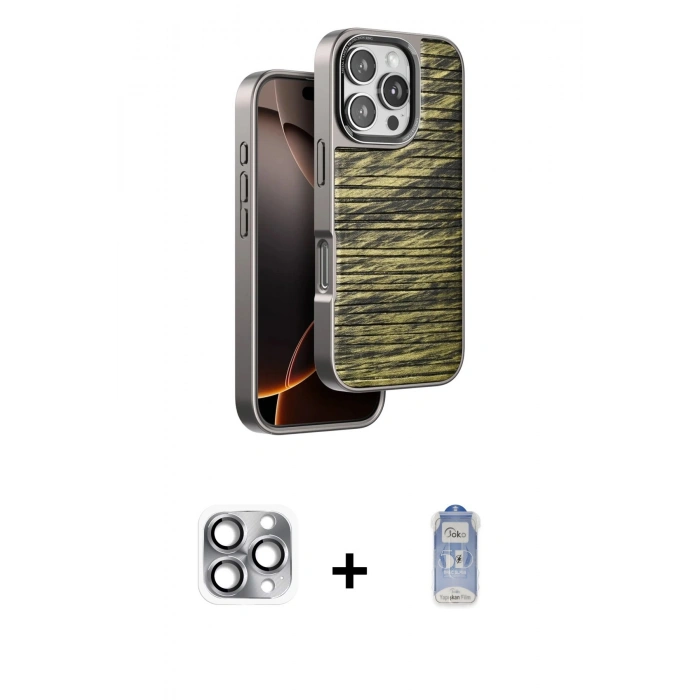 MARSİLYAN™- iPhone 16 Pro Max Kılıf Atlas Minimal Özel Seri - Siyah Joko Magic 5D Cam + Pers Alüminyum Kamera Lens - GI