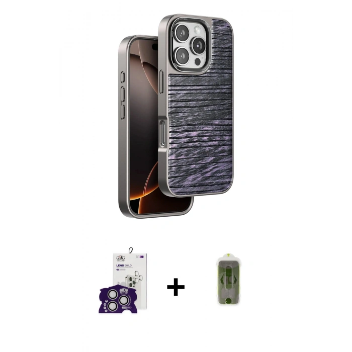 MARSİLYAN™- iPhone 16 Pro Max Kılıf Atlas Minimal Özel Seri - Siyah Joko Magic 5D Hayalet Cam + Gümüş Bilvis Titan Kamera Lens