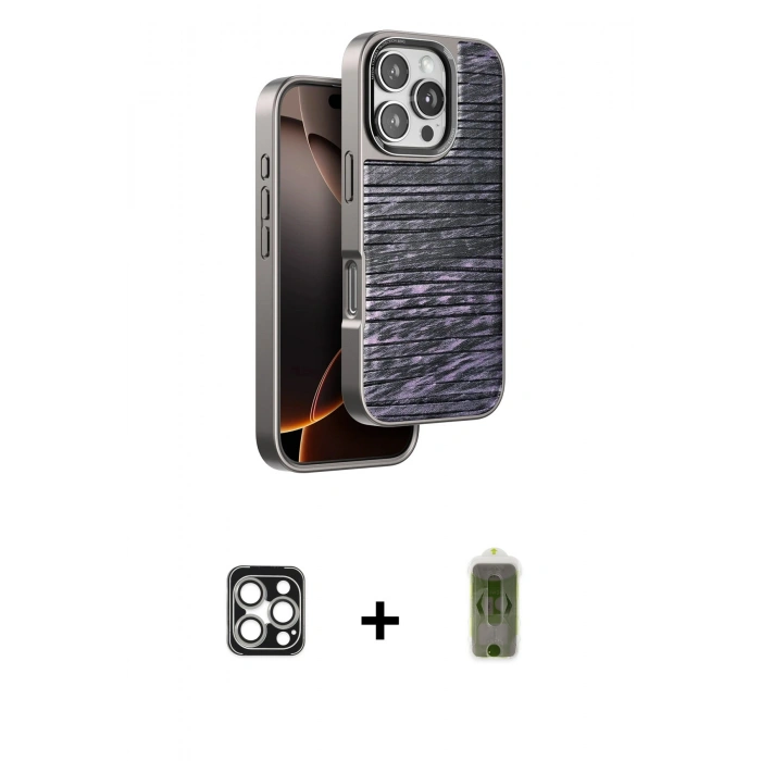 MARSİLYAN™- iPhone 16 Pro Max Kılıf Atlas Minimal Özel Seri - Siyah Joko Magic 5D Hayalet Cam + PVD Metal Kamera Lens - GS