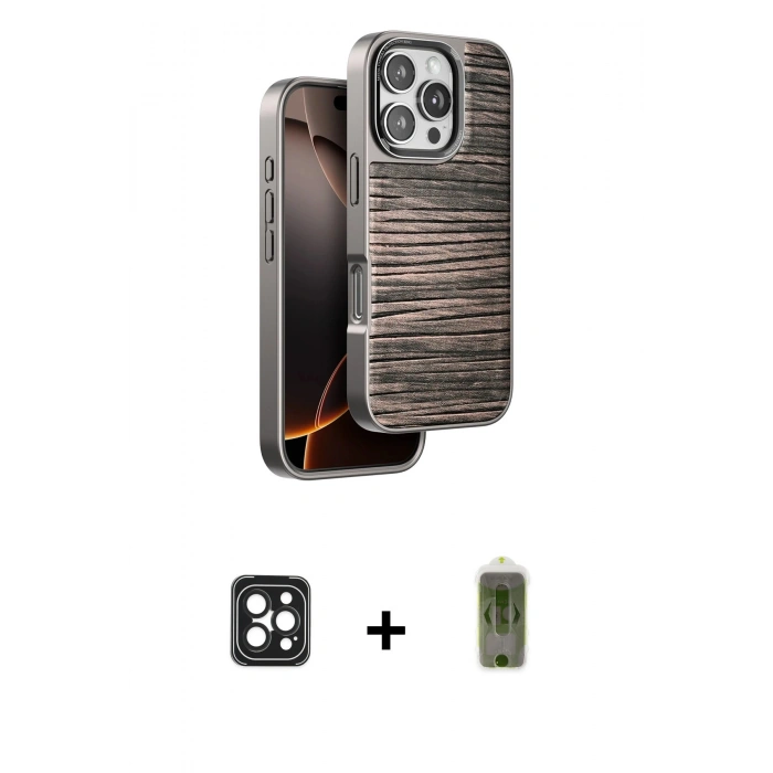 MARSİLYAN™- iPhone 16 Pro Max Kılıf Atlas Minimal Özel Seri - Siyah Joko Magic 5D Hayalet Cam + PVD Metal Kamera Lens - SH