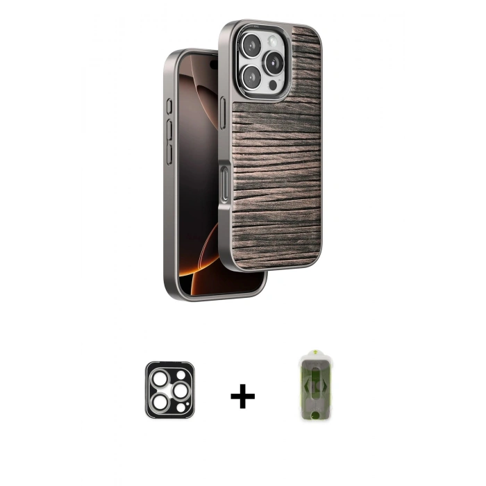 MARSİLYAN™- iPhone 16 Pro Max Kılıf Atlas Minimal Özel Seri - Siyah Joko Magic 5D Hayalet Cam + PVD Metal Kamera Lens - GS