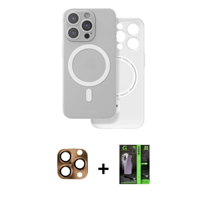 MARSİLYAN™- iPhone 16 Pro Max Kılıf Çekirdek Klasik - Şeffaf 360 Full Body Arka Koruyucu + Çöl Titanyum Pers Alüminyum Kamera Lens