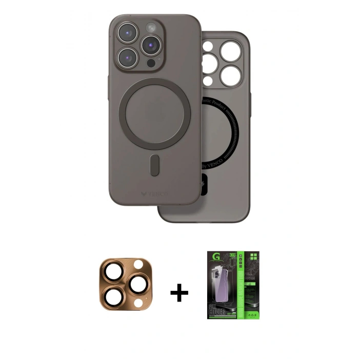 MARSİLYAN™- iPhone 16 Pro Max Kılıf Çekirdek Klasik - Şeffaf 360 Full Body Arka Koruyucu + Çöl Titanyum Pers Alüminyum Kamera Lens