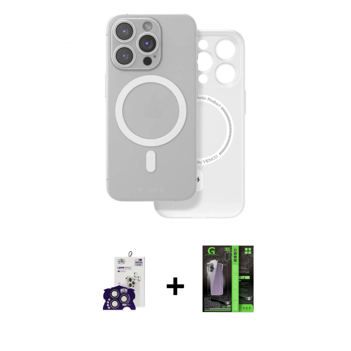 MARSİLYAN™- iPhone 16 Pro Max Kılıf Çekirdek Klasik - Şeffaf 360 Full Body Arka Koruyucu + Bilvis Titan Kamera Lens - TMGI