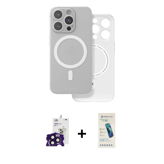 MARSİLYAN™- iPhone 16 Pro Max Kılıf Çekirdek Klasik - Şeffaf Pasifik Cam Ekran Koruyucu + Bilvis Titan Kamera Lens - SH