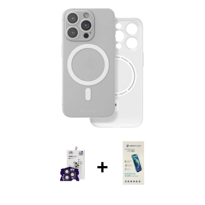 MARSİLYAN™- iPhone 16 Pro Max Kılıf Çekirdek Klasik - Şeffaf Pasifik Cam Ekran Koruyucu + Bilvis Titan Kamera Lens - TMGI