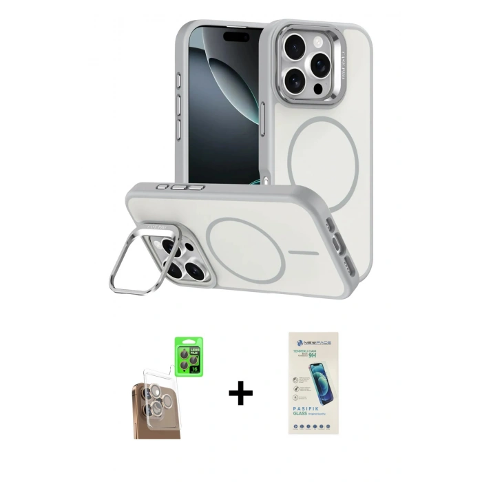 MARSİLYAN™- iPhone 16 Pro Max Kılıf Çekirdek Klasik - Şeffaf Pasifik Cam Ekran Koruyucu + Çöl Titanyum Raze Metal Kamera Lens