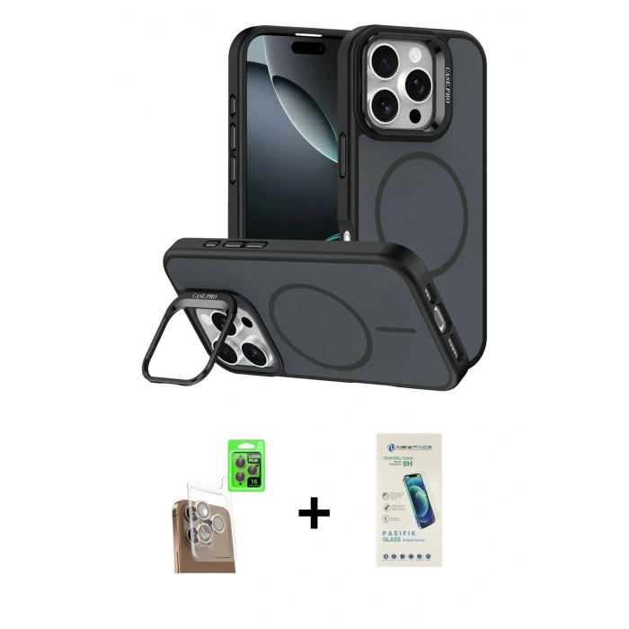 MARSİLYAN™- iPhone 16 Pro Max Kılıf Çekirdek Klasik - Şeffaf Pasifik Cam Ekran Koruyucu + Çöl Titanyum Raze Metal Kamera Lens