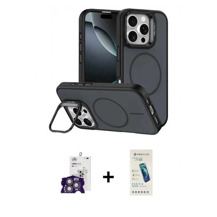 MARSİLYAN™- iPhone 16 Pro Max Kılıf Çekirdek Klasik - Şeffaf Pasifik Cam Ekran Koruyucu + Bilvis Titan Kamera Lens - GS