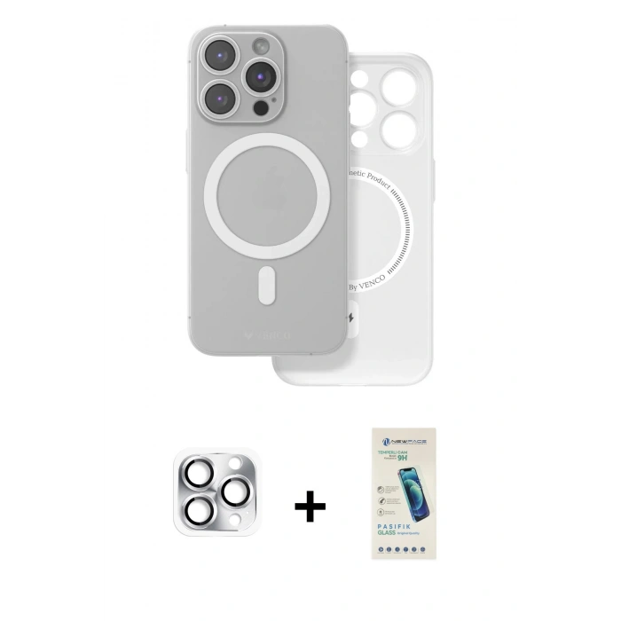 MARSİLYAN™- iPhone 16 Pro Max Kılıf Çekirdek Klasik - Şeffaf Pasifik Cam Ekran Koruyucu + Gümüş Pers Alüminyum Kamera Lens