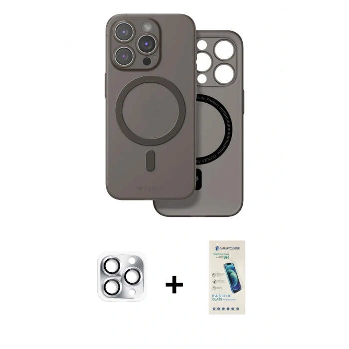 MARSİLYAN™- iPhone 16 Pro Max Kılıf Çekirdek Klasik - Şeffaf Pasifik Cam Ekran Koruyucu + Gümüş Pers Alüminyum Kamera Lens