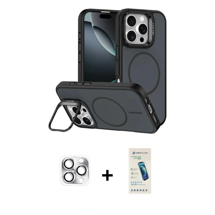 MARSİLYAN™- iPhone 16 Pro Max Kılıf Çekirdek Klasik - Şeffaf Pasifik Cam Ekran Koruyucu + Gümüş Pers Alüminyum Kamera Lens