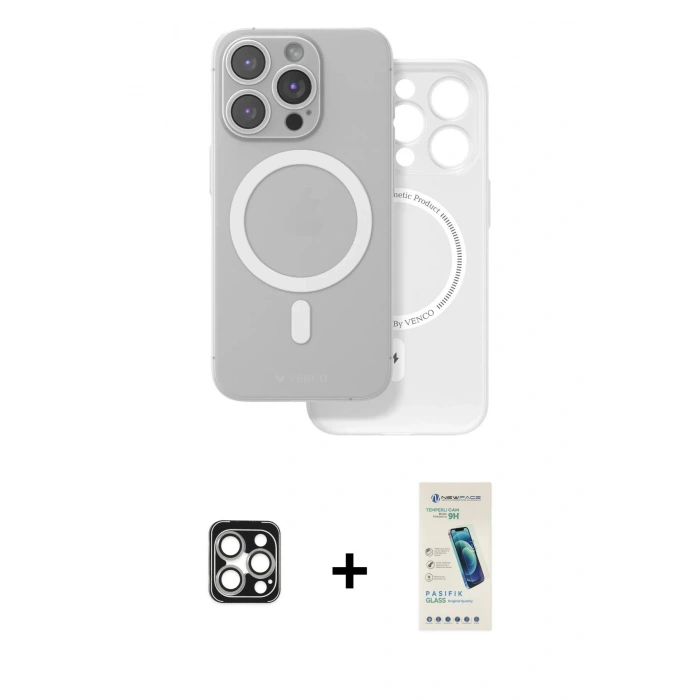 MARSİLYAN™- iPhone 16 Pro Max Kılıf Çekirdek Klasik - Şeffaf Pasifik Cam Ekran Koruyucu + PVD Metal Kamera Lens - GS