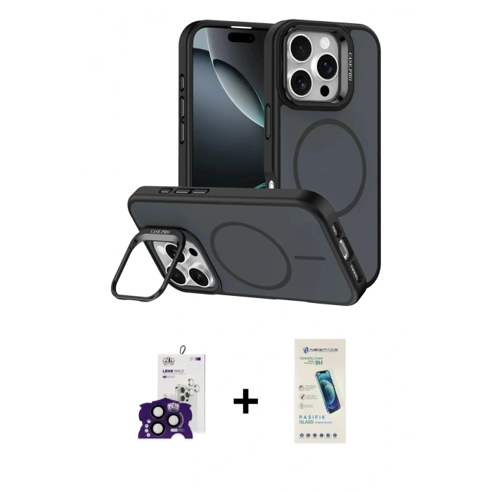 MARSİLYAN™- iPhone 16 Pro Max Kılıf Çekirdek Klasik - Şeffaf Pasifik Cam Ekran Koruyucu + Bilvis Titan Kamera Lens - SH