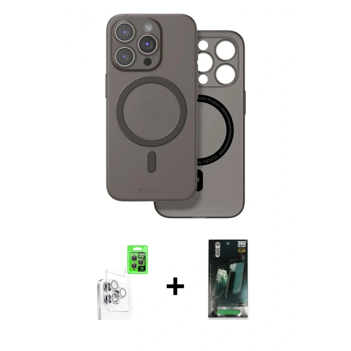 MARSİLYAN™- iPhone 16 Pro Max Kılıf Çekirdek Klasik - Siyah 360 Mat Full Body Arka Koruyucu + Raze Metal Kamera Lens - BZ