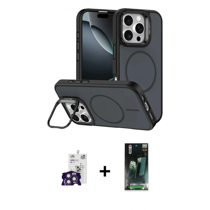 MARSİLYAN™- iPhone 16 Pro Max Kılıf Çekirdek Klasik - Siyah 360 Mat Full Body Arka Koruyucu + Bilvis Titan Kamera Lens - TMGI