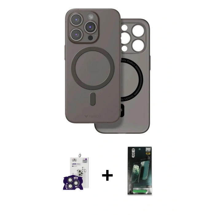 MARSİLYAN™- iPhone 16 Pro Max Kılıf Çekirdek Klasik - Siyah 360 Mat Full Body Arka Koruyucu + Bilvis Titan Kamera Lens - TMGI