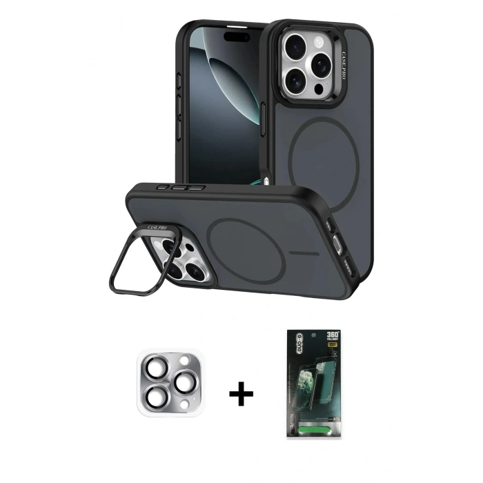 MARSİLYAN™- iPhone 16 Pro Max Kılıf Çekirdek Klasik - Siyah 360 Mat Full Body Arka Koruyucu + Pers Alüminyum Kamera Lens - GI