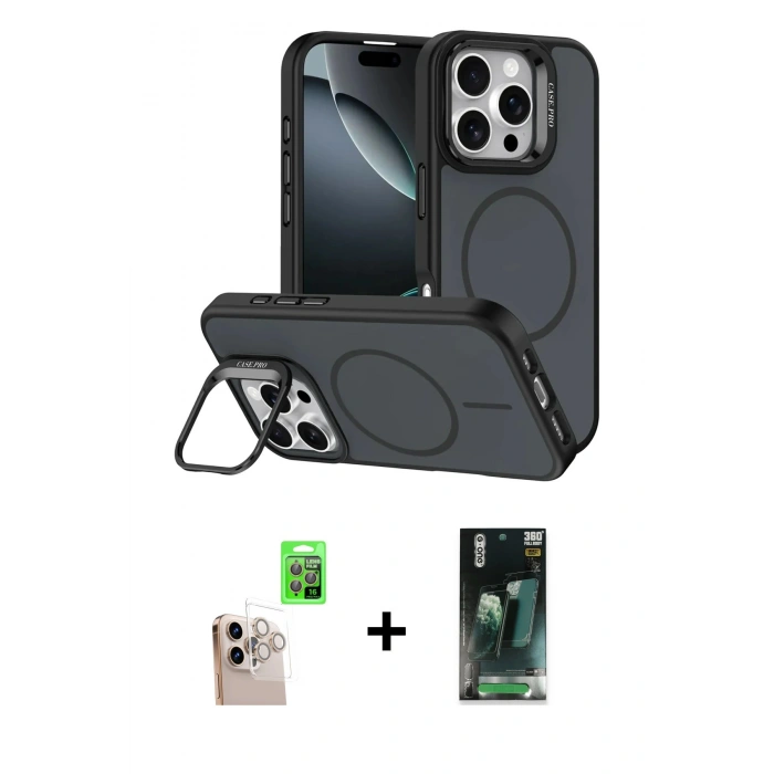 MARSİLYAN™- iPhone 16 Pro Max Kılıf Çekirdek Klasik - Siyah 360 Mat Full Body Arka Koruyucu + Raze Metal Kamera Lens - NLGY