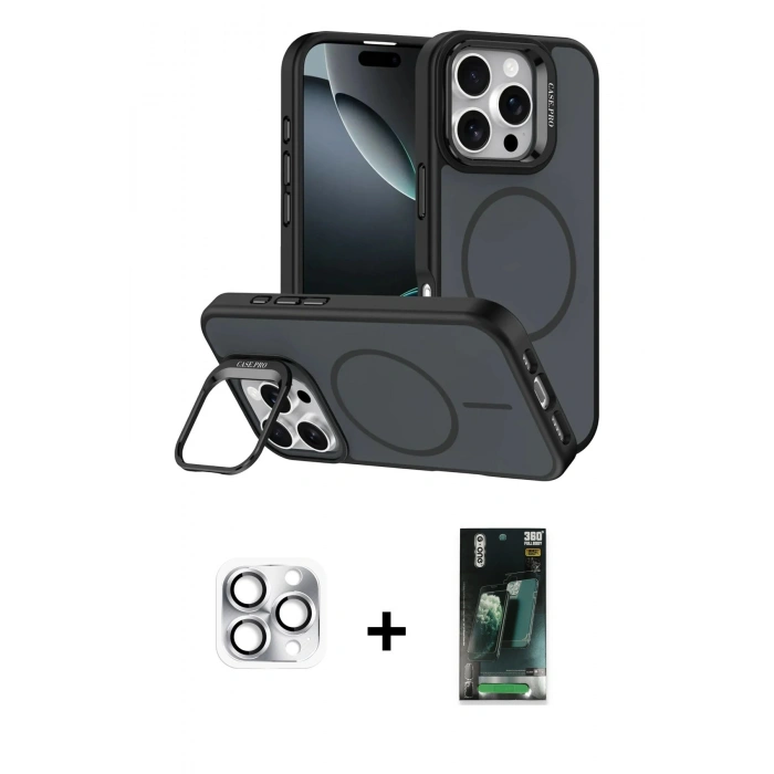 MARSİLYAN™- iPhone 16 Pro Max Kılıf Çekirdek Klasik - Siyah 360 Mat Full Body Arka Koruyucu + Pers Alüminyum Kamera Lens - GS