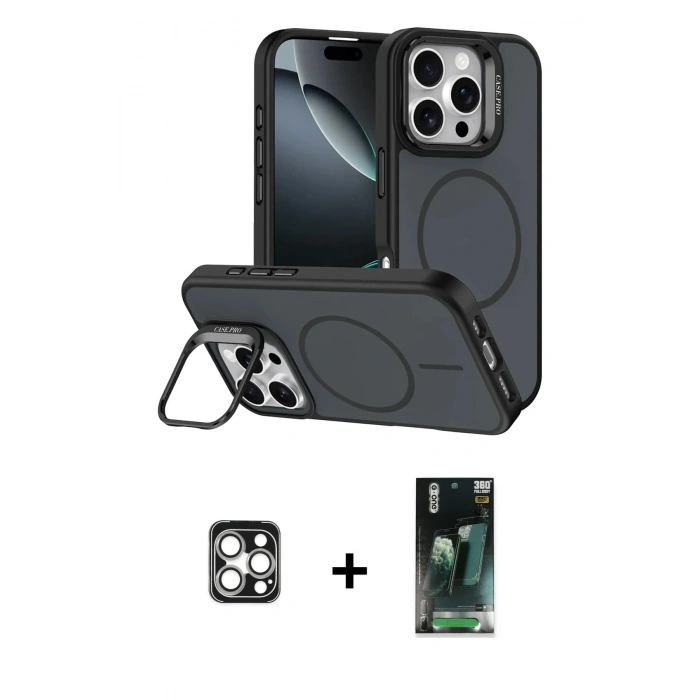 MARSİLYAN™- iPhone 16 Pro Max Kılıf Çekirdek Klasik - Siyah 360 Mat Full Body Arka Koruyucu + PVD Metal Kamera Lens - GS
