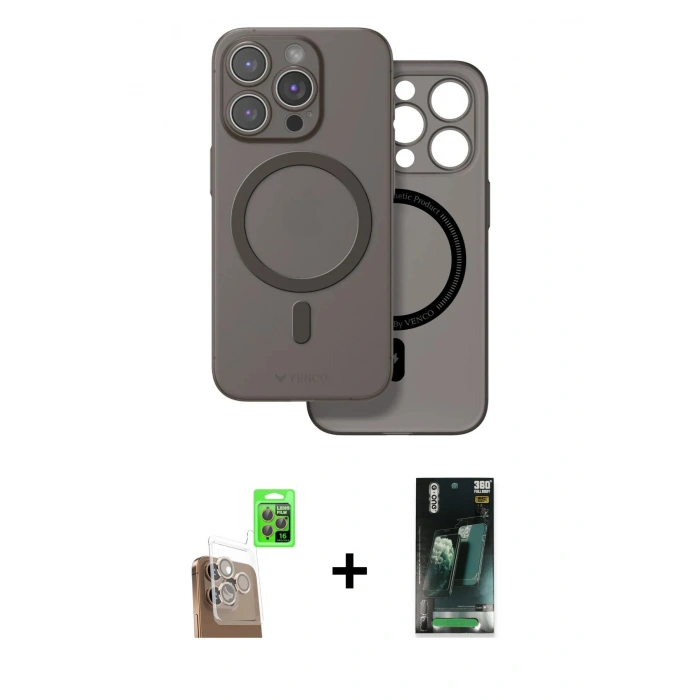 MARSİLYAN™- iPhone 16 Pro Max Kılıf Çekirdek Klasik - Siyah 360 Mat Full Body Arka Koruyucu + Raze Metal Kamera Lens - CLTM