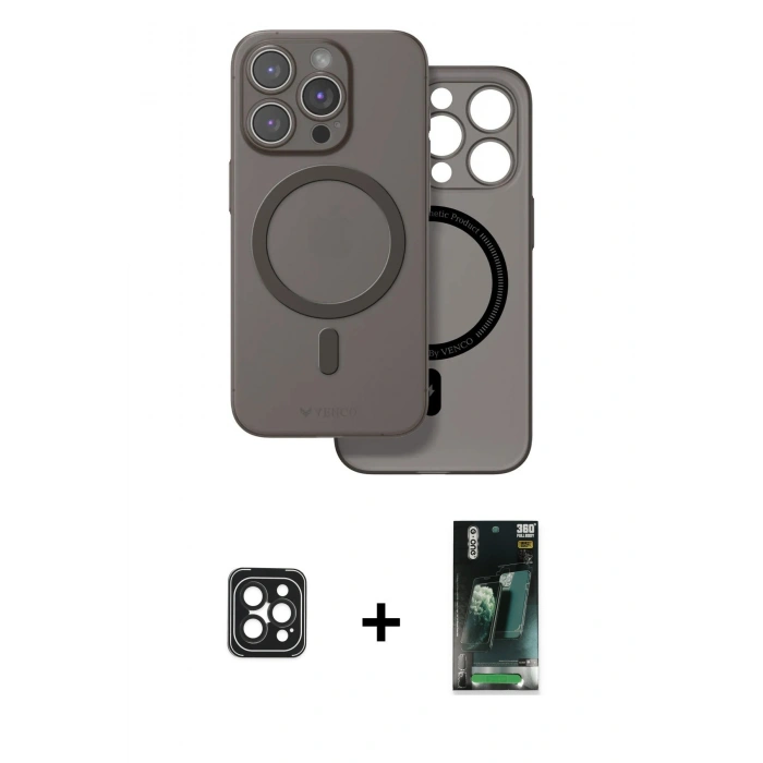 MARSİLYAN™- iPhone 16 Pro Max Kılıf Çekirdek Klasik - Siyah 360 Mat Full Body Arka Koruyucu + Siyah PVD Metal Kamera Lens