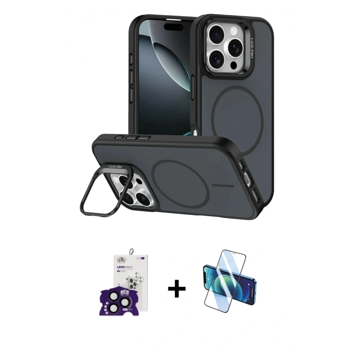 MARSİLYAN™- iPhone 16 Pro Max Kılıf Çekirdek Klasik - Siyah 3D Antistatik Cam Ekran Koruyucu + Bilvis Titan Kamera Lens - SH