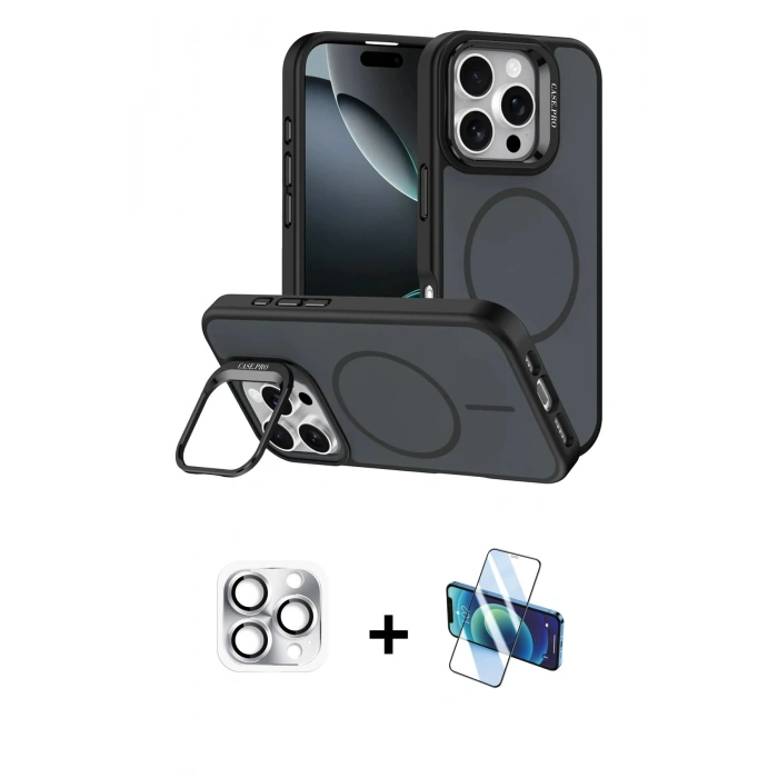 MARSİLYAN™- iPhone 16 Pro Max Kılıf Çekirdek Klasik - Siyah 3D Antistatik Cam Ekran Koruyucu + Pers Alüminyum Kamera Lens - GS