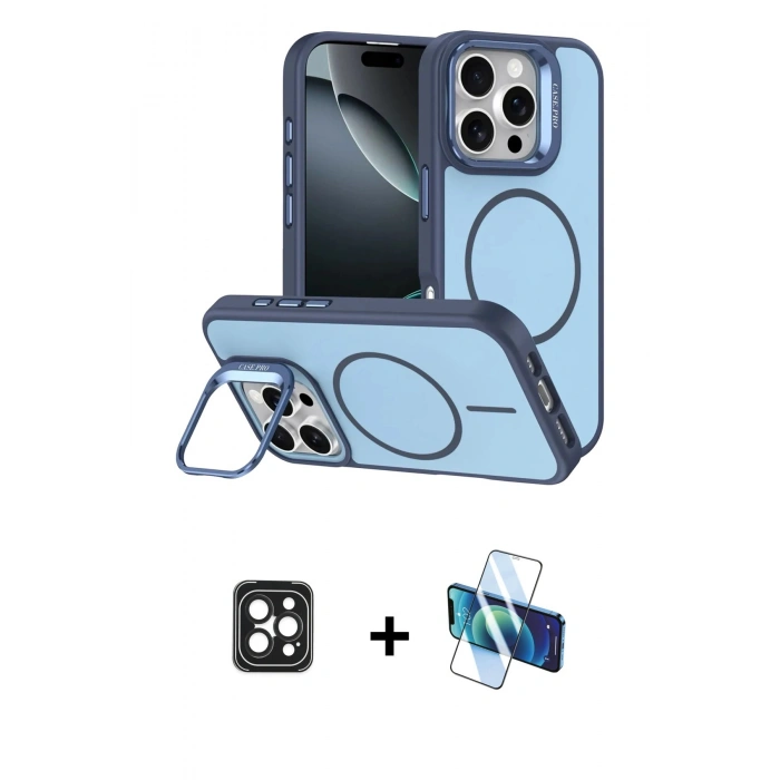 MARSİLYAN™- iPhone 16 Pro Max Kılıf Çekirdek Klasik - Siyah 3D Antistatik Cam Ekran Koruyucu + PVD Metal Kamera Lens - SH